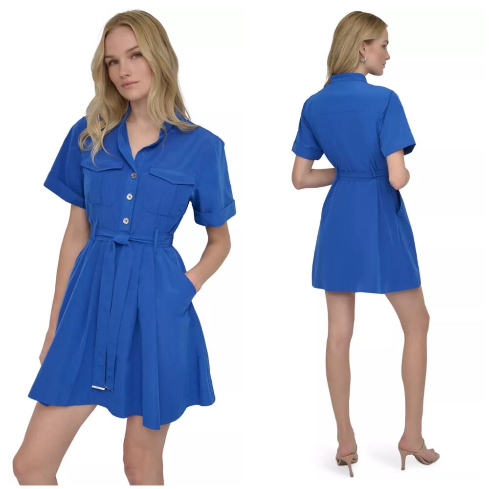 NEW DKNY Donna Karen New York Short Sleeve Collar Neck Shirtdress Royal Blue